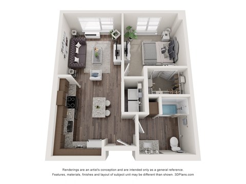 Floor plan for 1 bed, 1 bath, 661 sqft